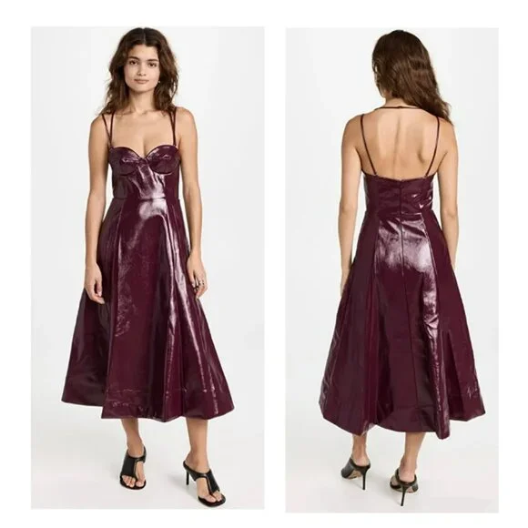 STAUD Plum Abstract Faux Leather Midi Dress Sz 12 - Picture 1 of 15